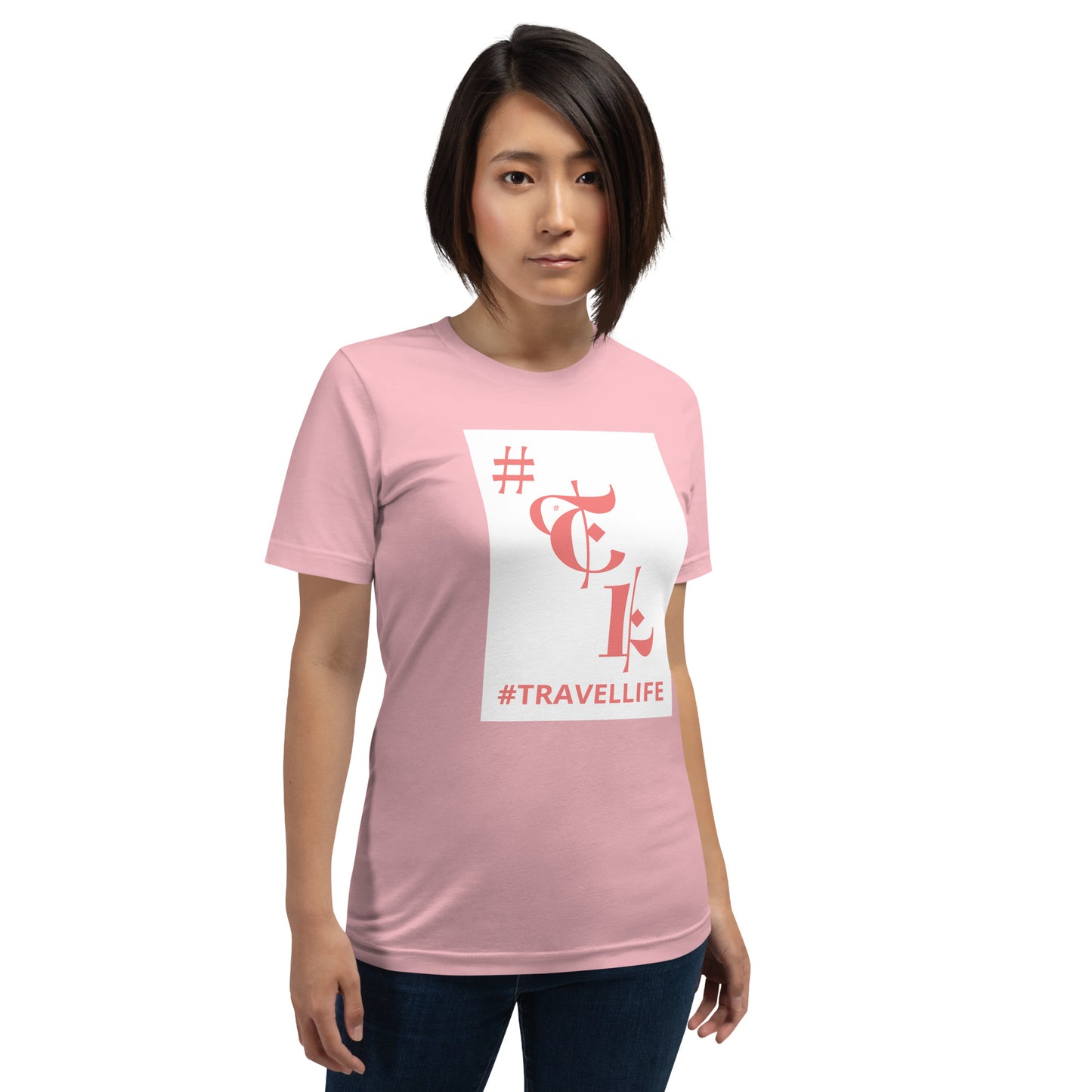 White Background #TL Logo Pink Unisex T-Shirt Pink Text