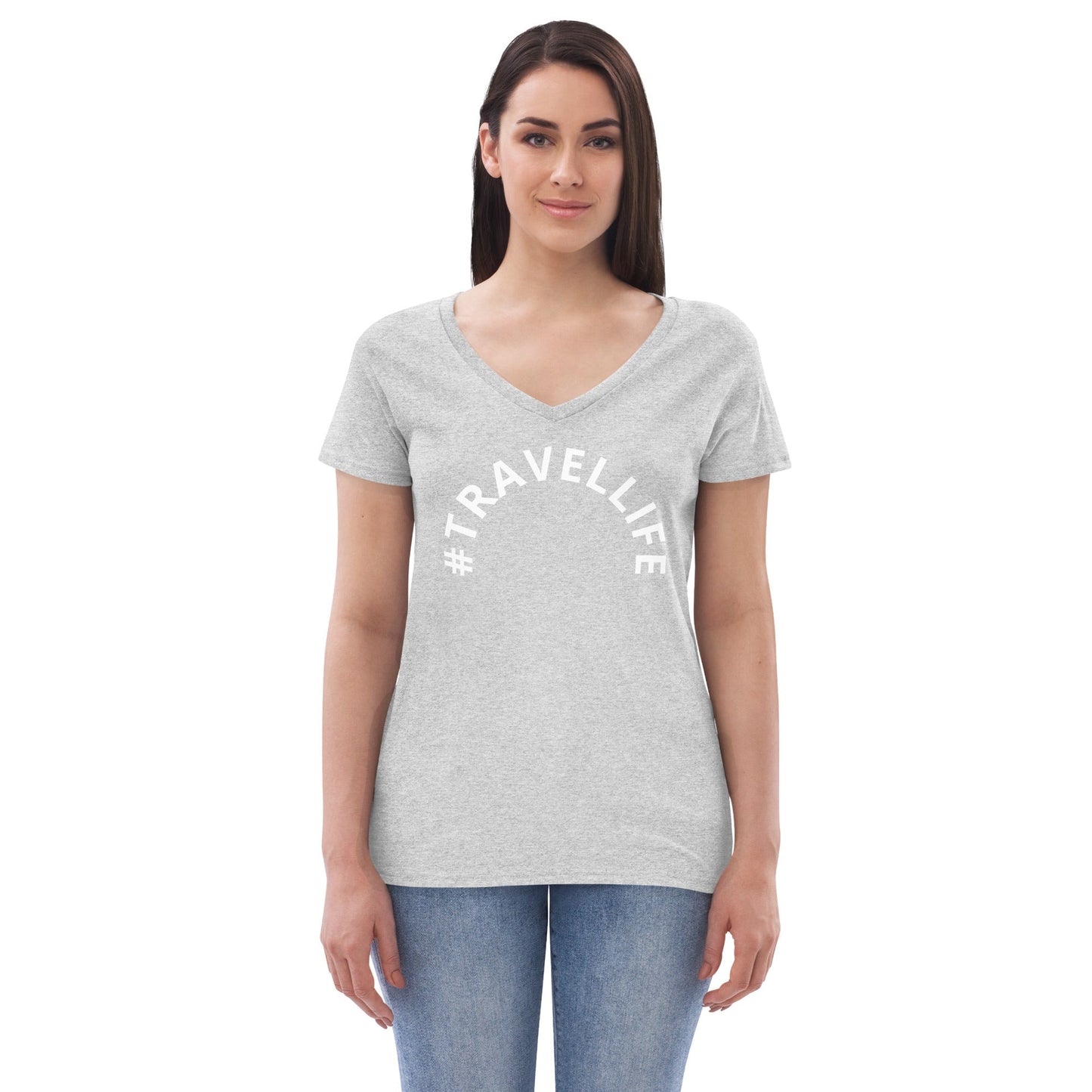 #Travellife Arc Women’s Recycled V-neck T-shirt White Text 2X+
