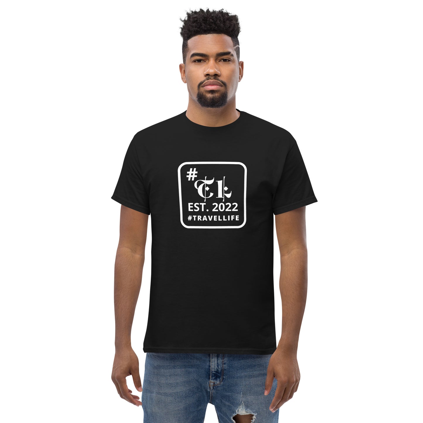 #Travellife EST. 2022 Men's Classic Tee white text centered square border