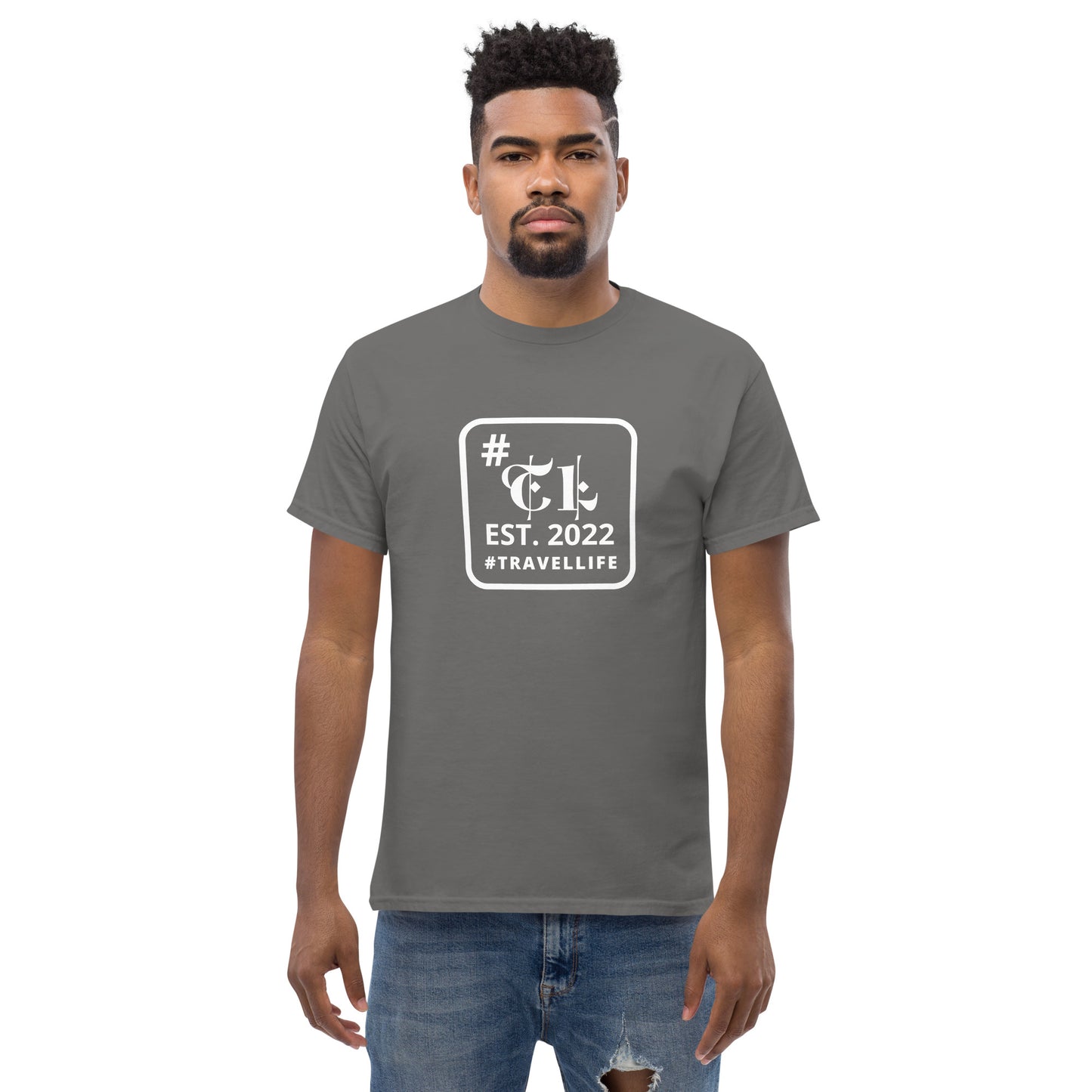 #Travellife EST. 2022 Men's Classic Tee white text centered square border