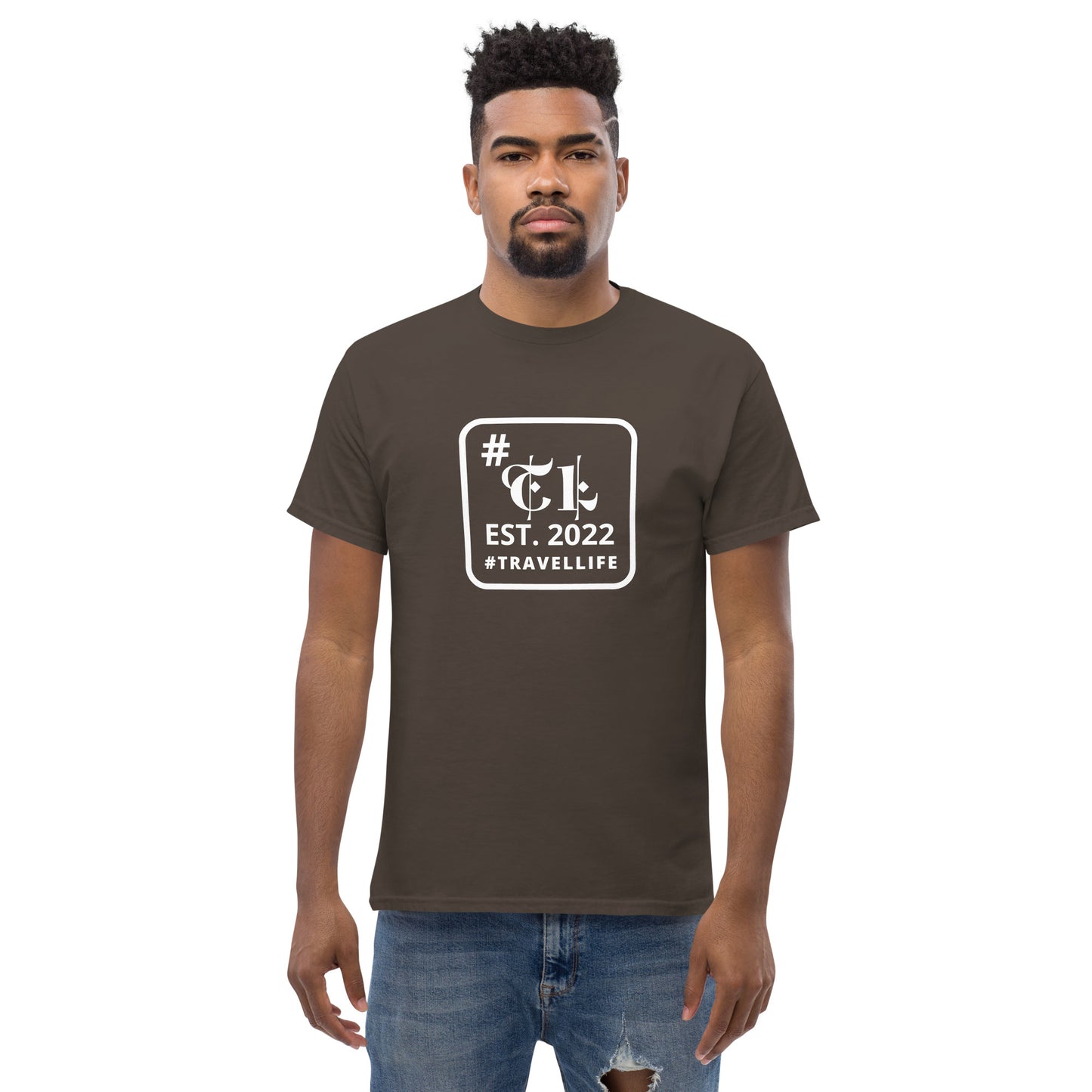 #Travellife EST. 2022 Men's Classic Tee white text centered square border