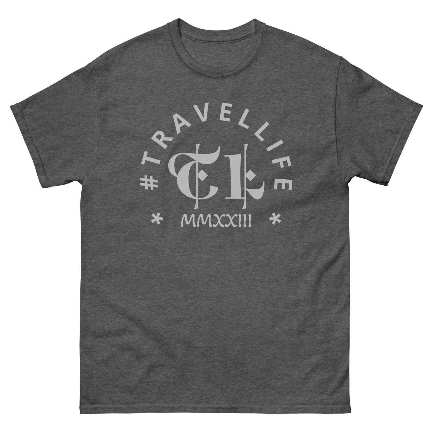 #Travellife Arc TL Logo Roman 2023 Men's Classic Tee Silver Text 2X+