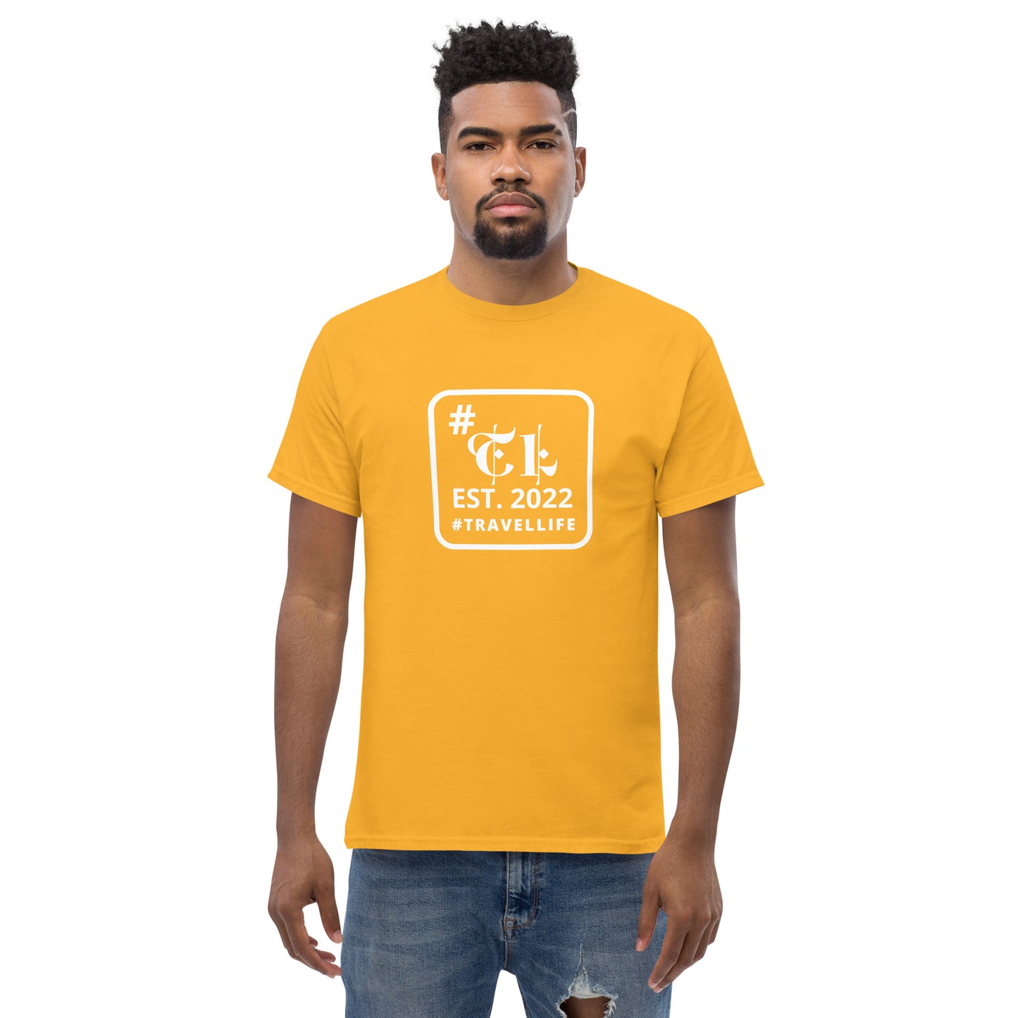 #Travellife EST. 2022 Men's Classic Tee white text centered square border