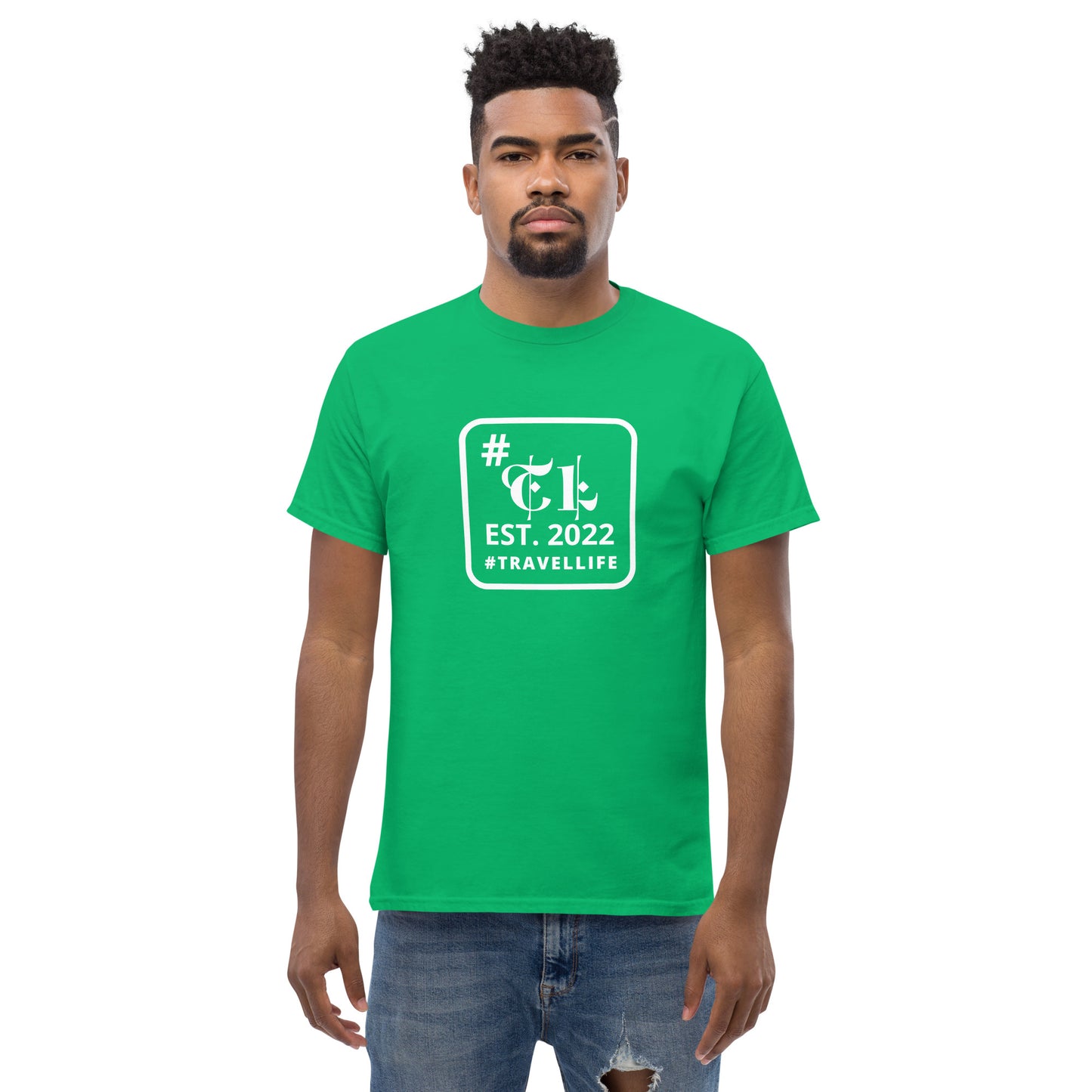 #Travellife EST. 2022 Men's Classic Tee white text centered square border