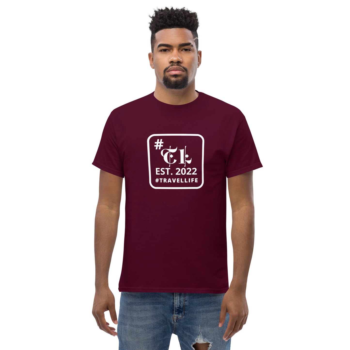 #Travellife EST. 2022 Men's Classic Tee white text centered square border
