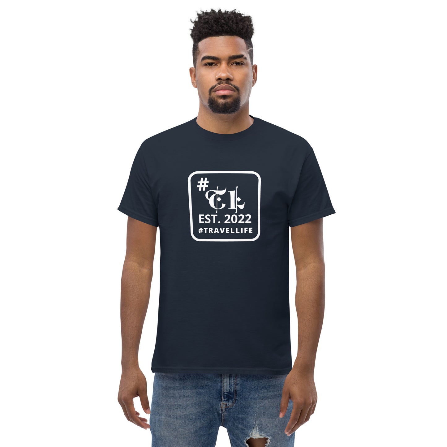 #Travellife EST. 2022 Men's Classic Tee white text centered square border