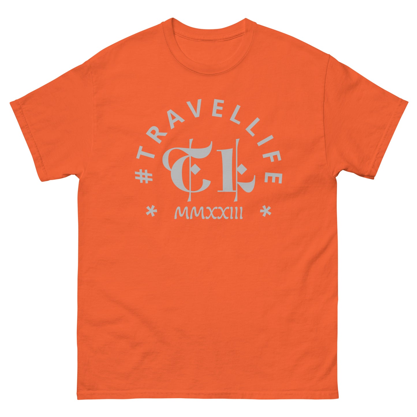 #Travellife Arc TL Logo Roman 2023 Men's Classic Tee Silver Text 2X+