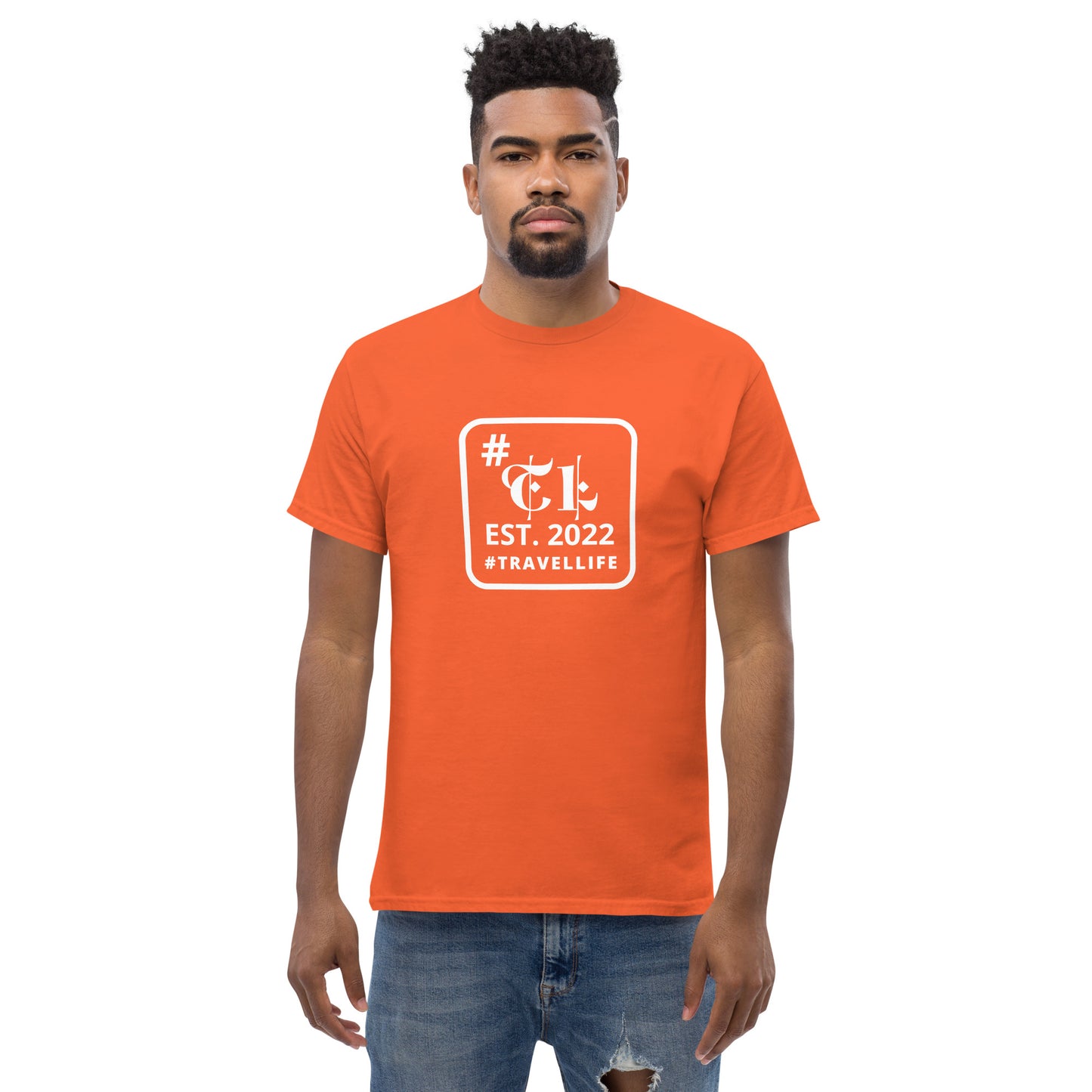 #Travellife EST. 2022 Men's Classic Tee white text centered square border