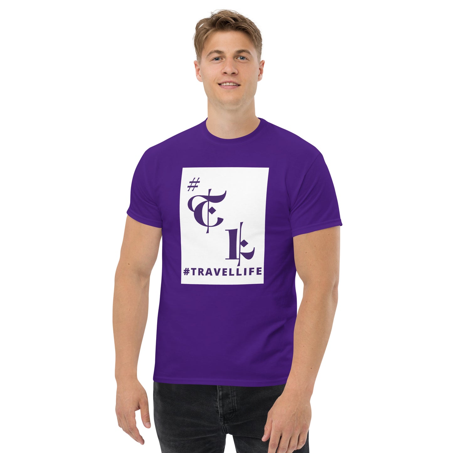 White Background #TL Logo Purple Men's Classic Tee Purple Text