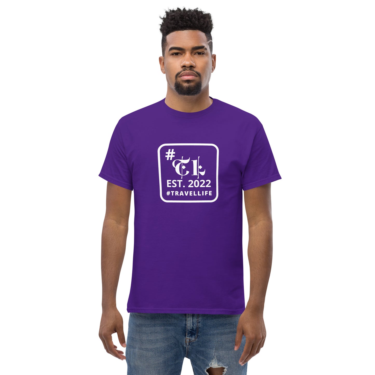 #Travellife EST. 2022 Men's Classic Tee white text centered square border