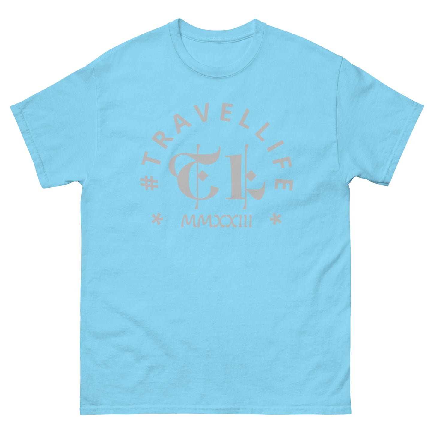 #Travellife Arc TL Logo Roman 2023 Men's Classic Tee Silver Text 2X+