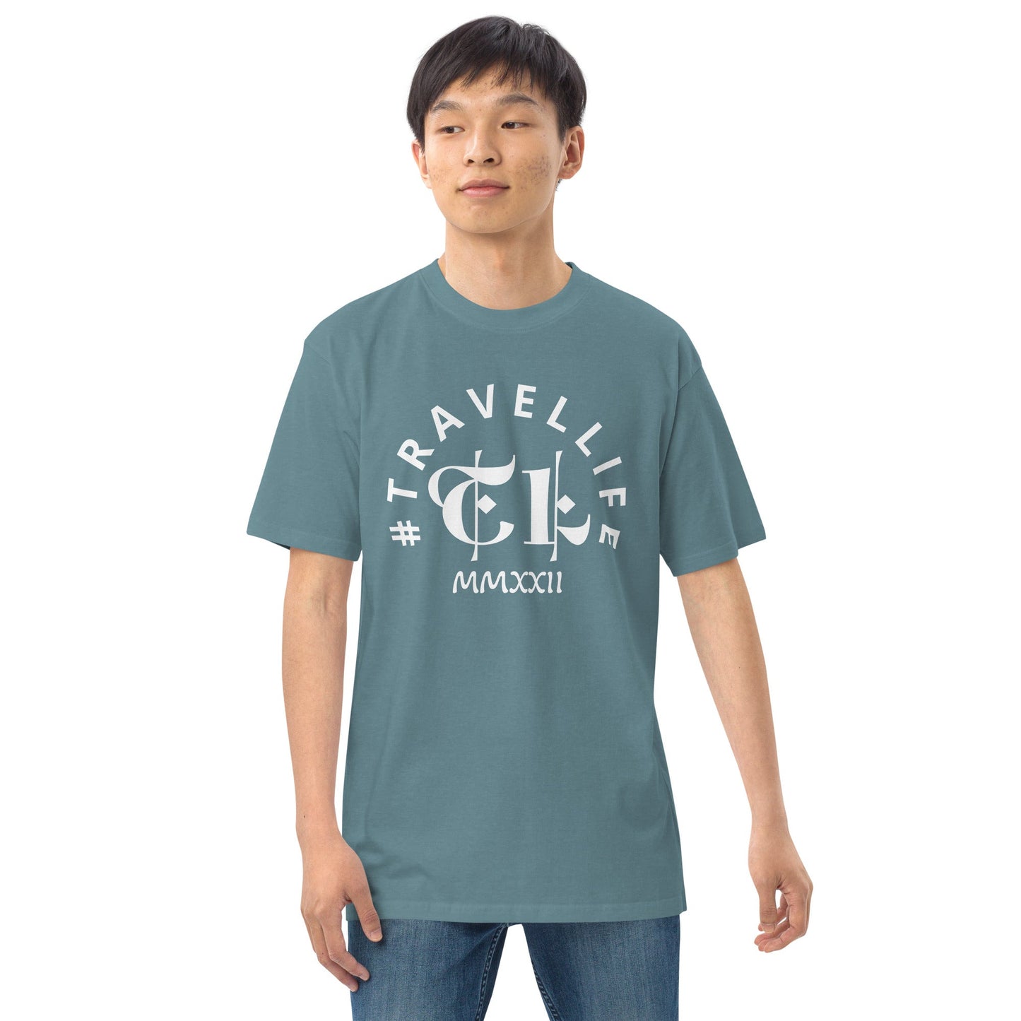 #Travellife Arc TL Logo Roman 2023 Men’s Premium Heavyweight Tee White Text 2X+