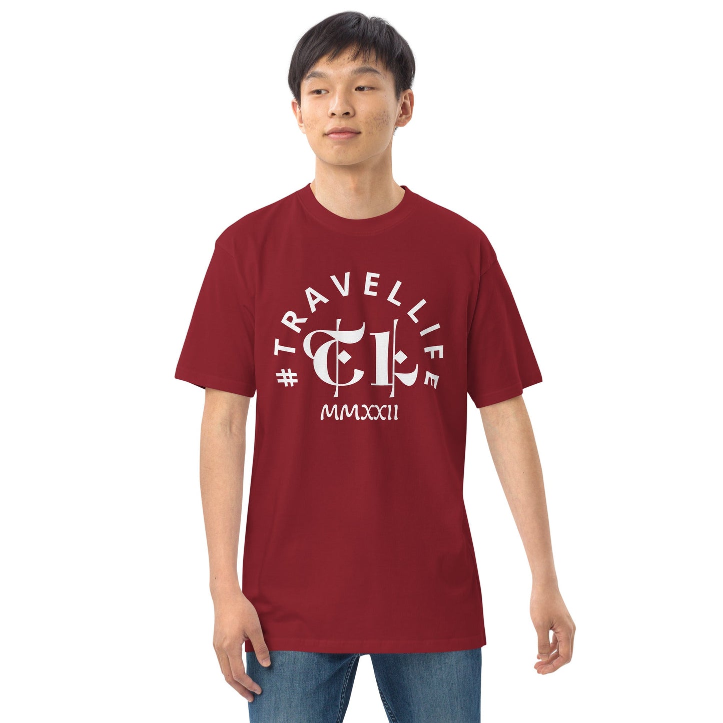 #Travellife Arc TL Logo Roman 2023 Men’s Premium Heavyweight Tee White Text 2X+