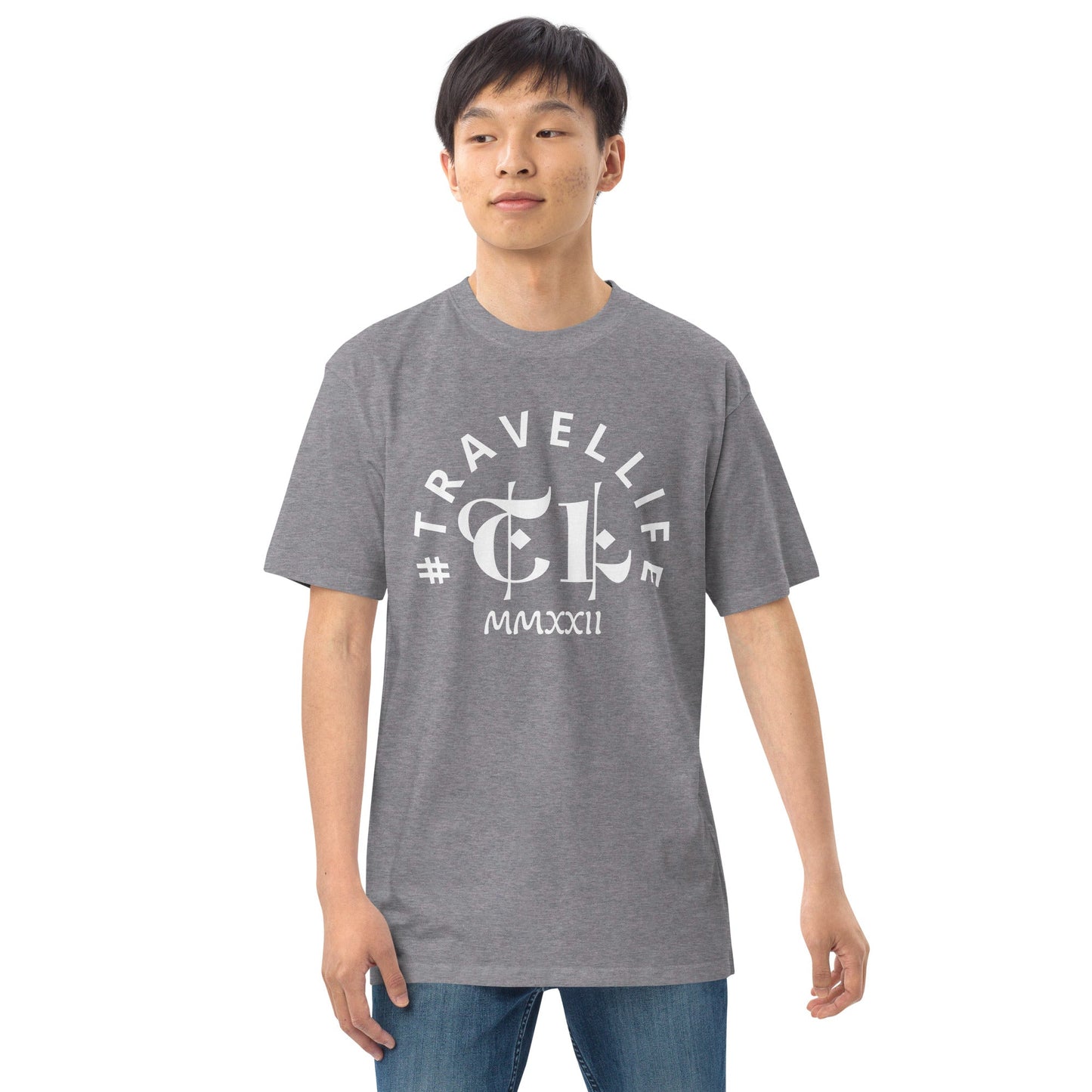 #Travellife Arc TL Logo Roman 2023 Men’s Premium Heavyweight Tee White Text 2X+
