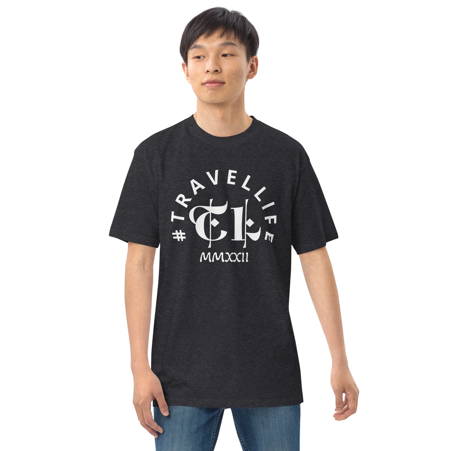 #Travellife Arc TL Logo Roman 2023 Men’s Premium Heavyweight Tee White Text 2X+