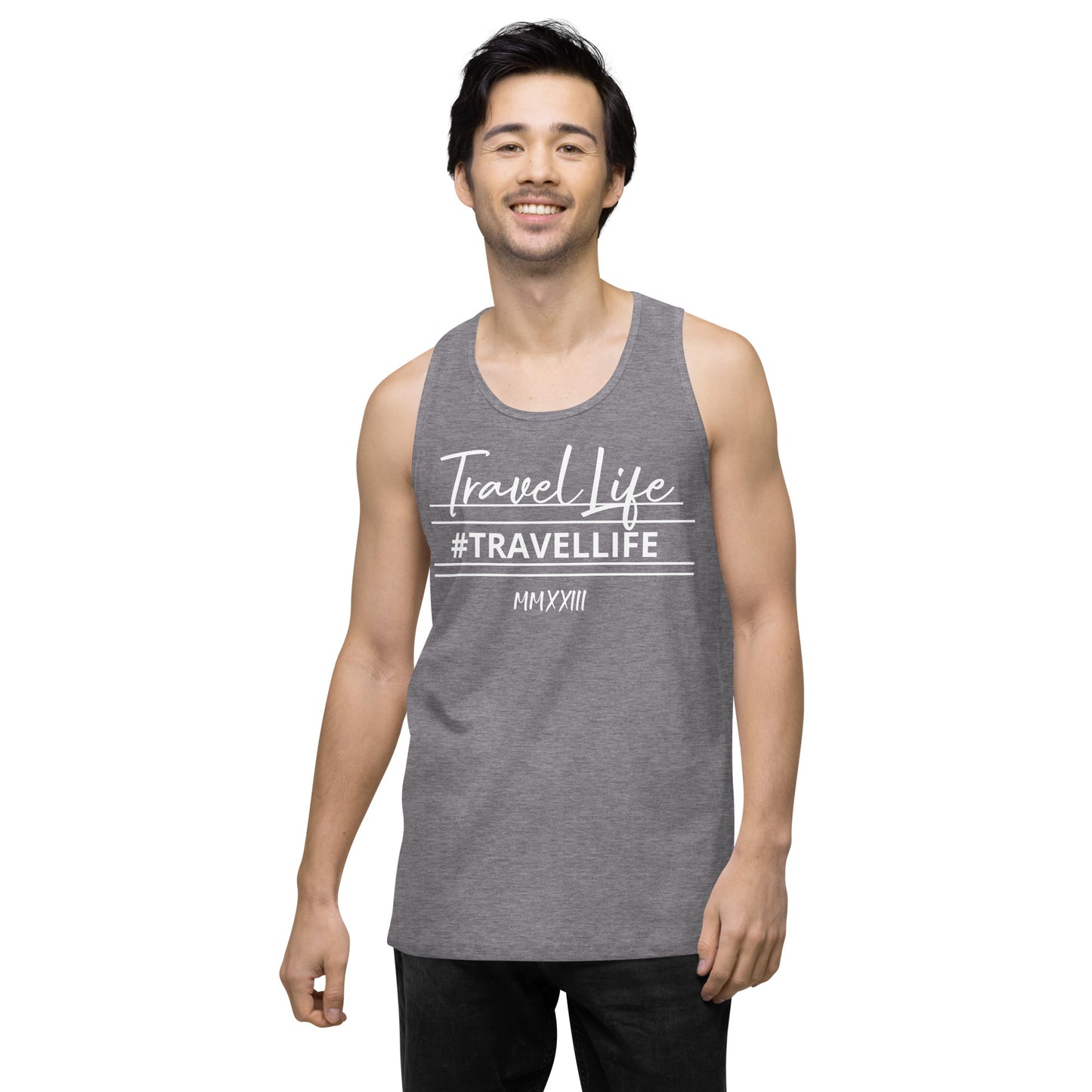 #Travellife Signature Roman 2023 Men’s Premium Tank Top White Text