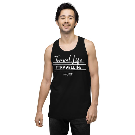 #Travellife Signature Roman 2023 Men’s Premium Tank Top White Text