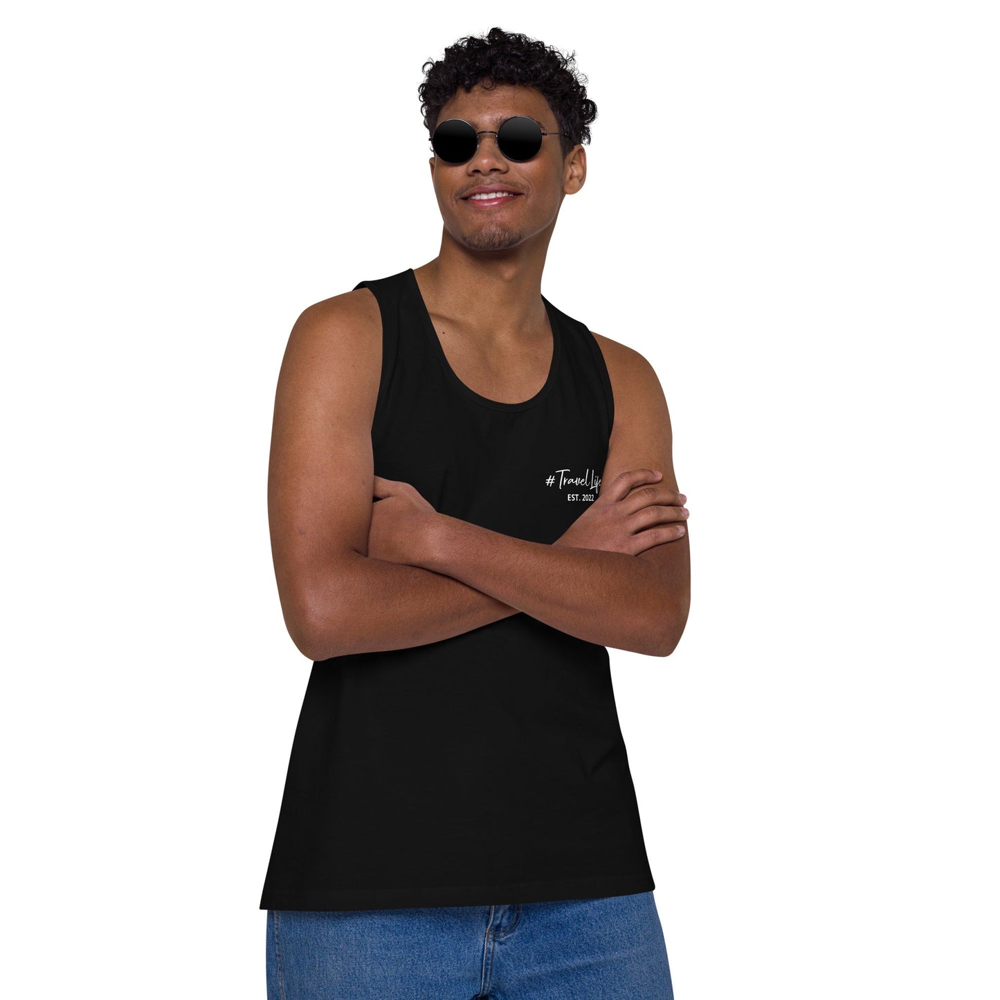 #Travellife Signature Est. 2022 Men’s Premium Tank Top White Text 2X+