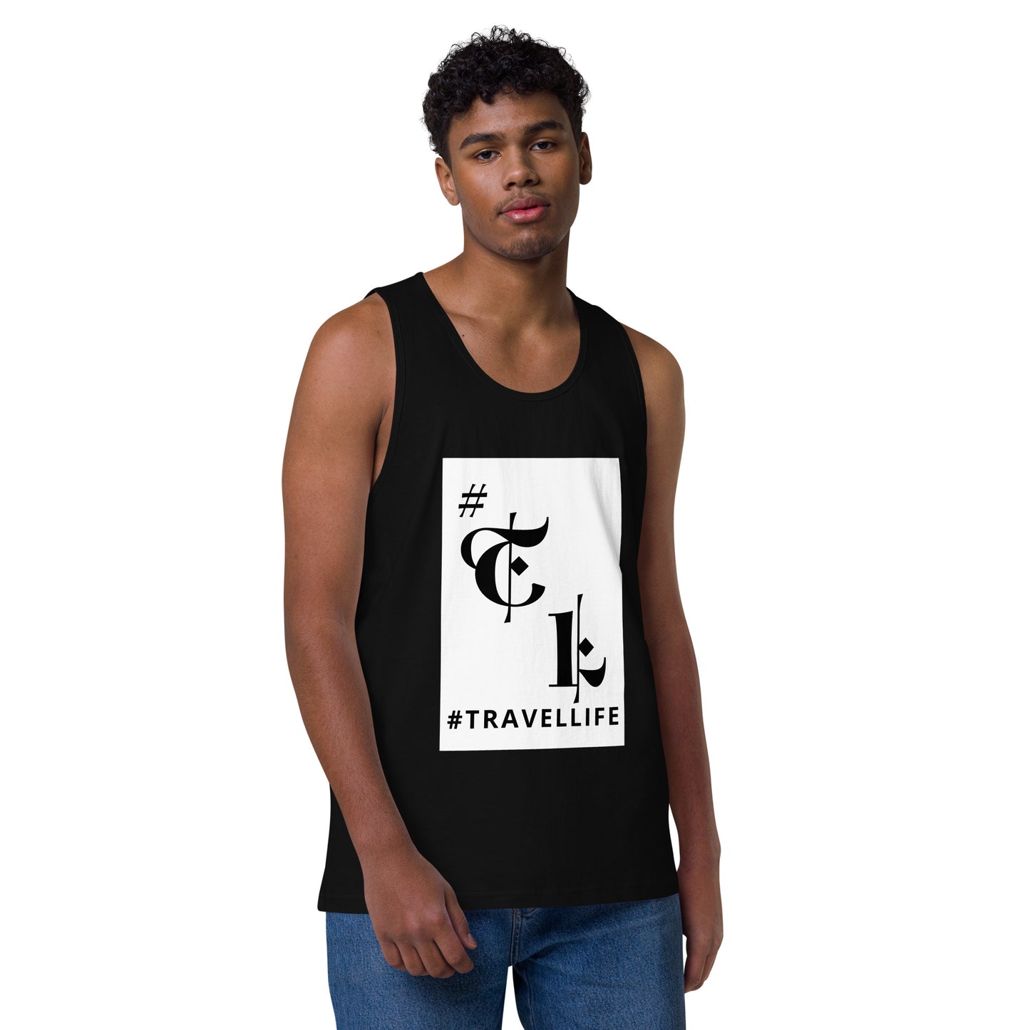 White Background #TL Logo Black Men’s Premium Tank Top Black Text