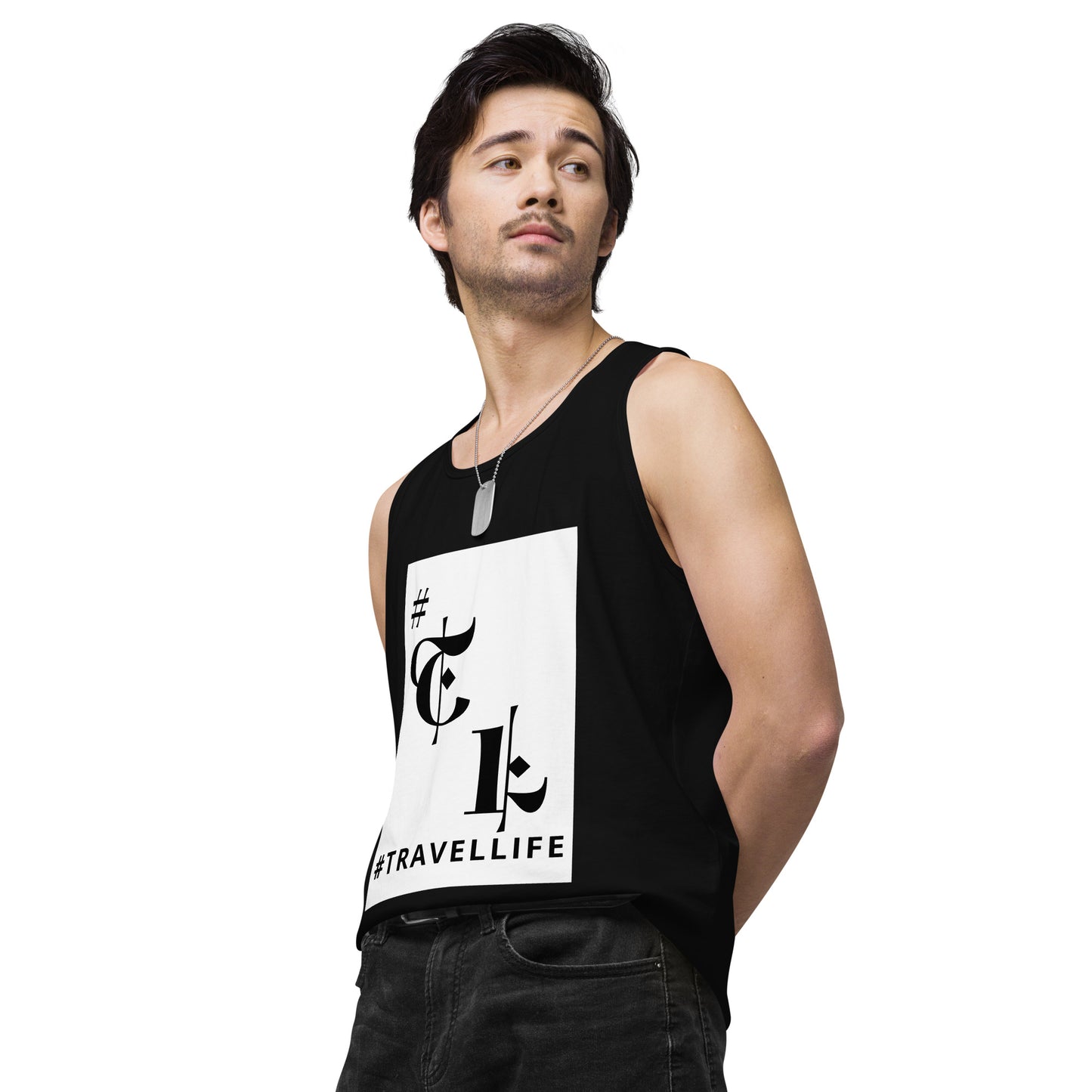 White Background #TL Logo Black Men’s Premium Tank Top Black Text
