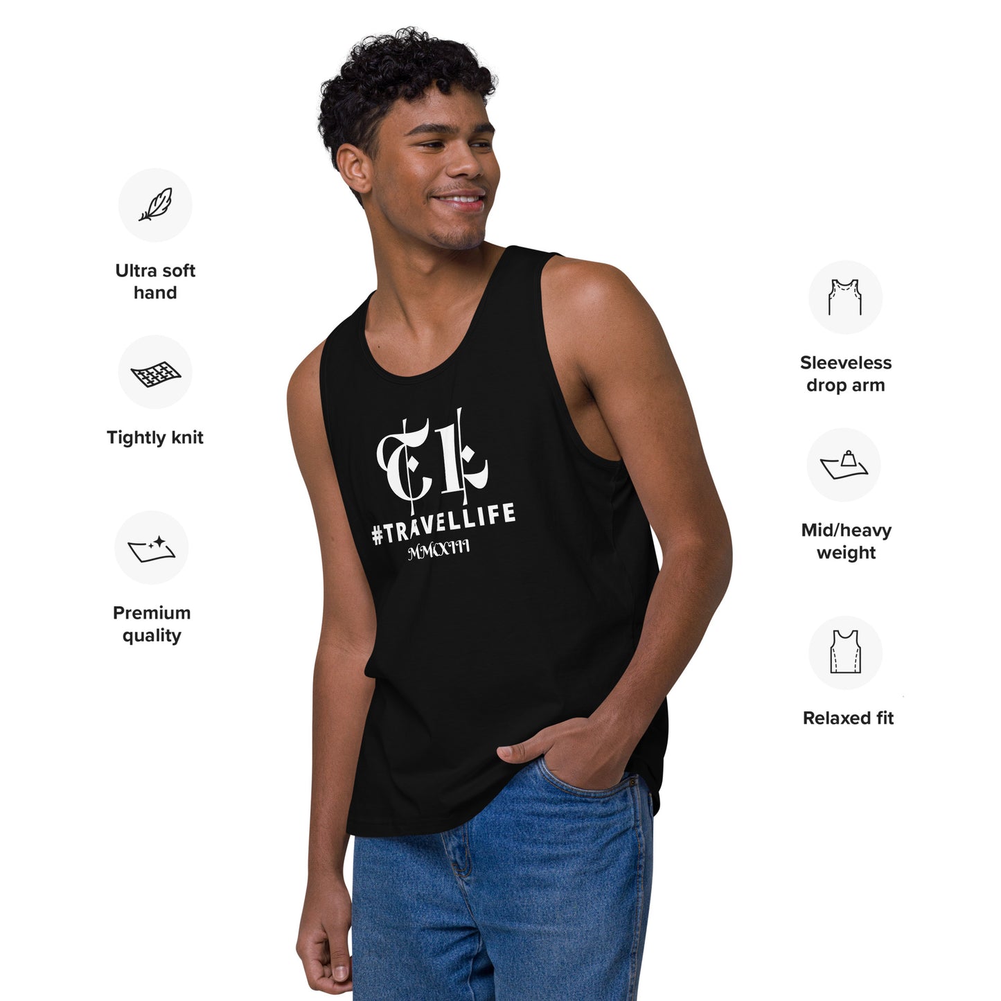 #Travellife Roman 2023 Men’s Premium Tank Top White Text