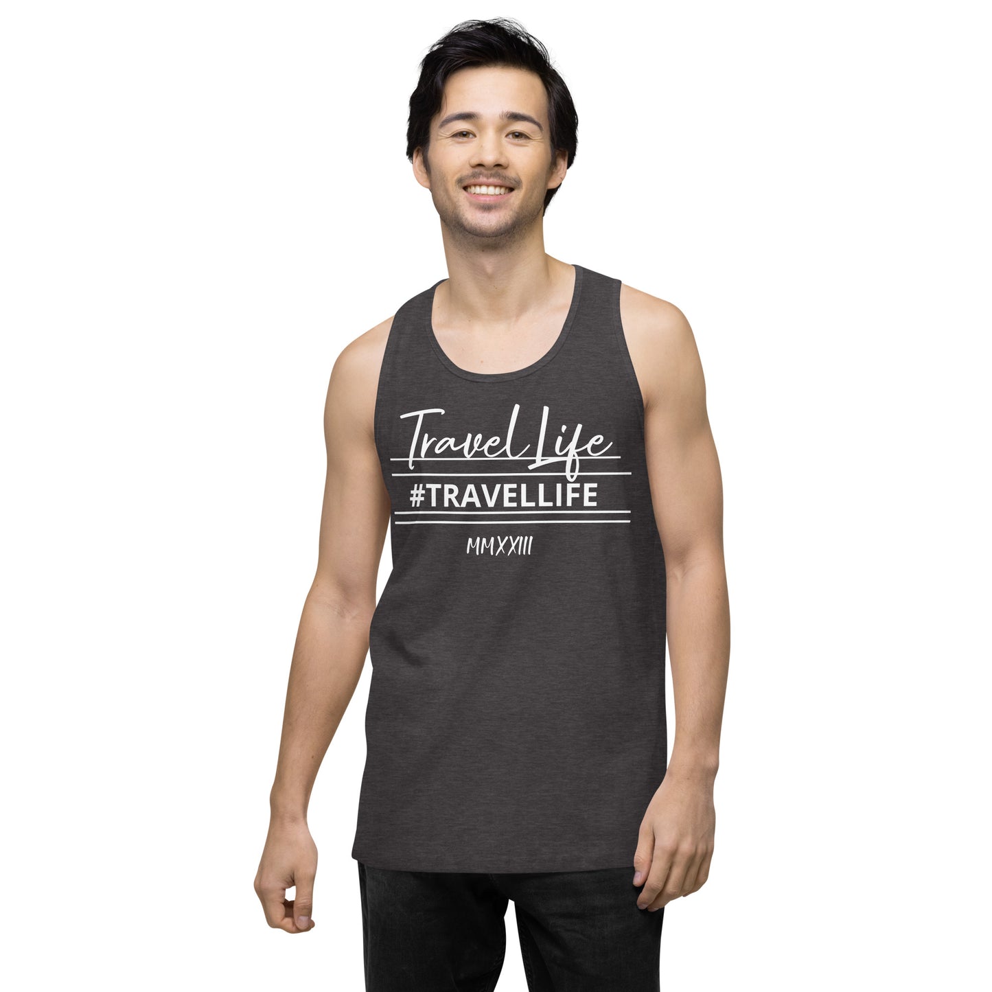 #Travellife Signature Roman 2023 Men’s Premium Tank Top White Text