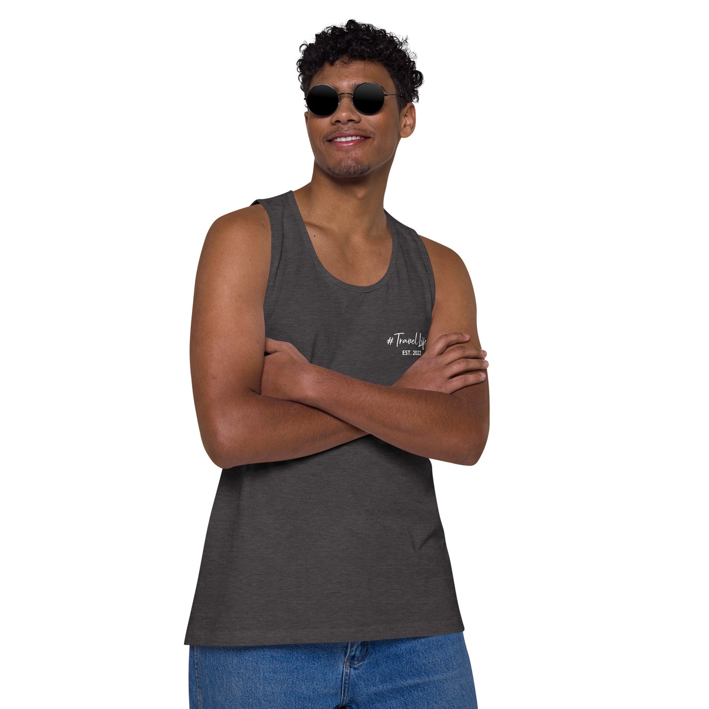 #Travellife Signature Est. 2022 Men’s Premium Tank Top White Text