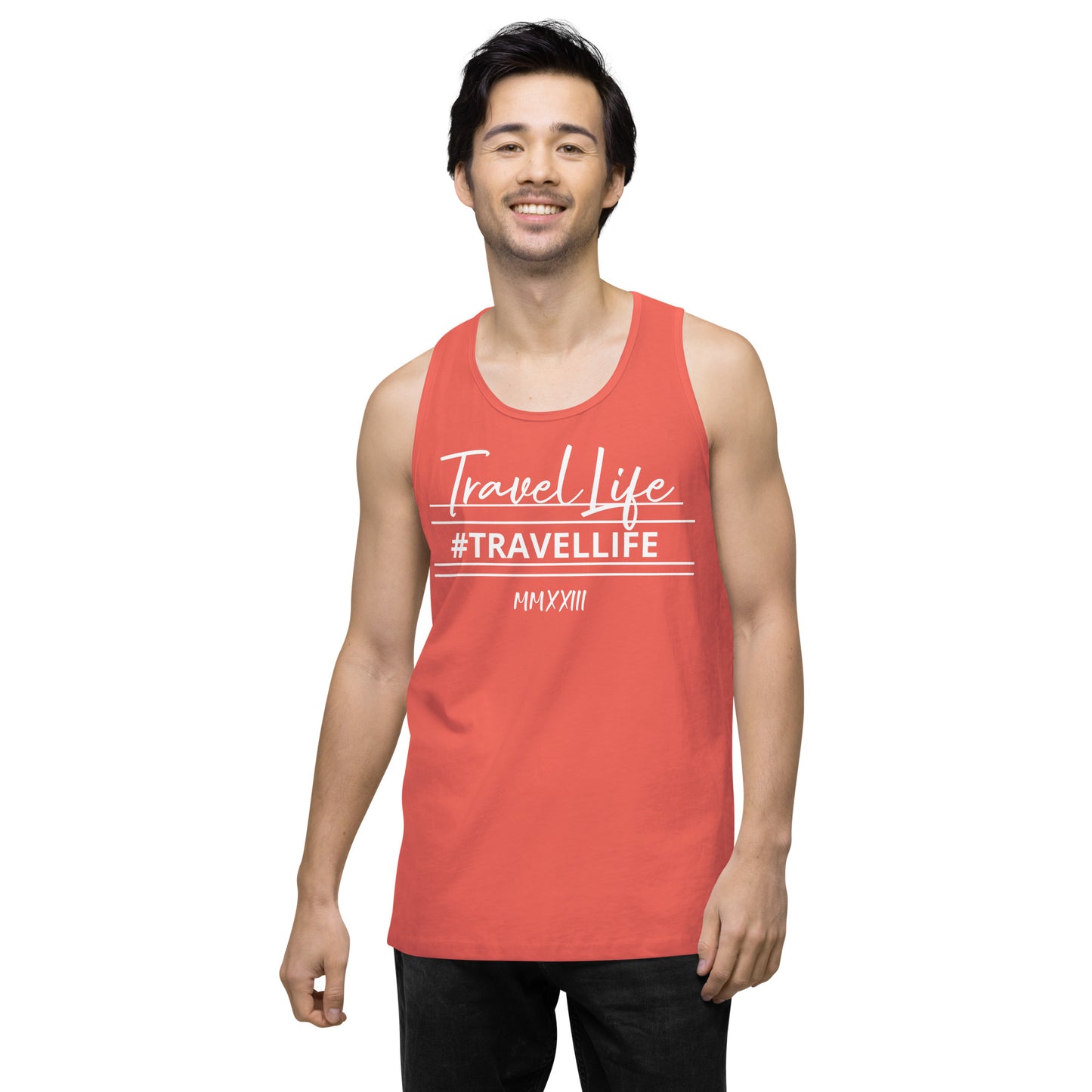 #Travellife Signature Roman 2023 Men’s Premium Tank Top White Text