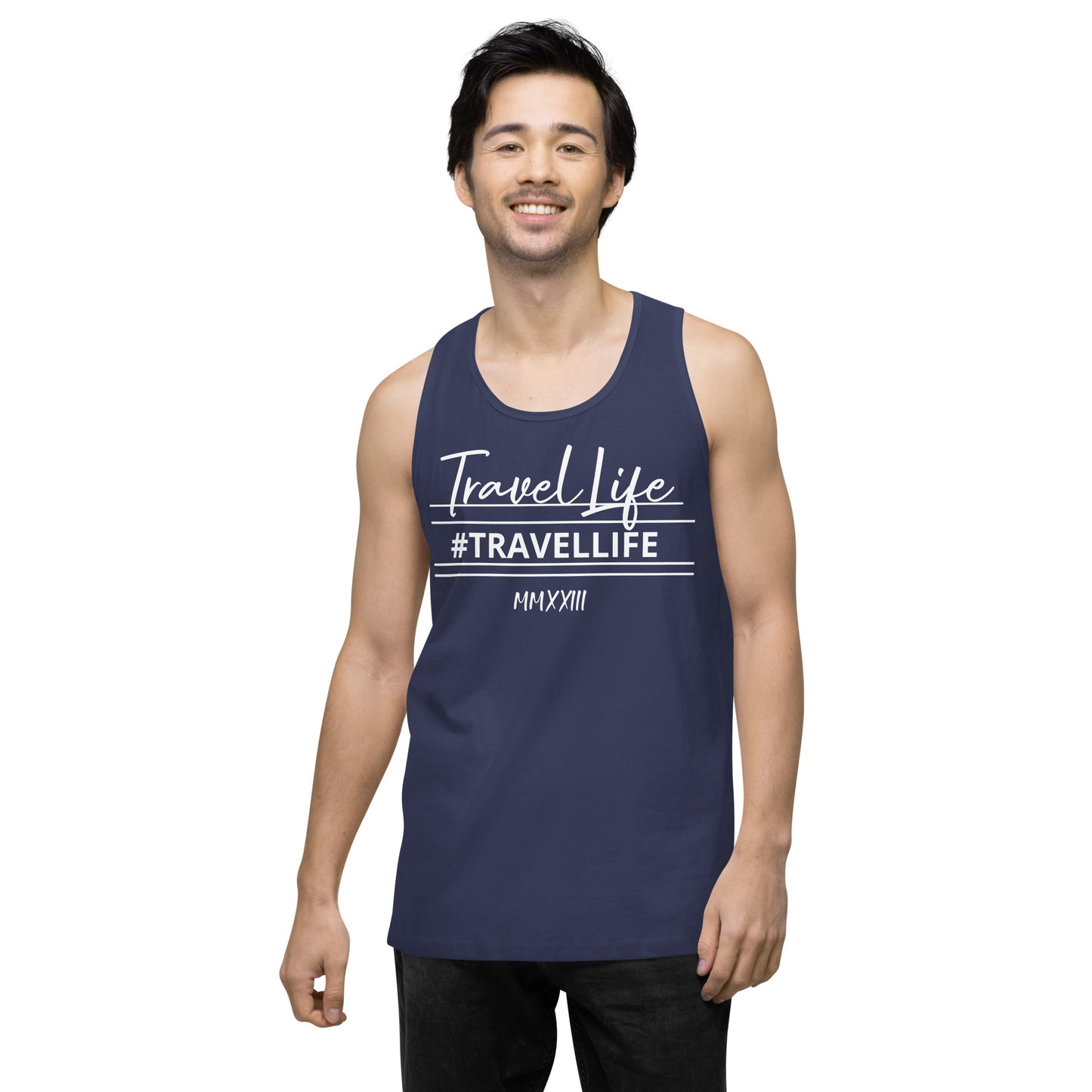 #Travellife Signature Roman 2023 Men’s Premium Tank Top White Text