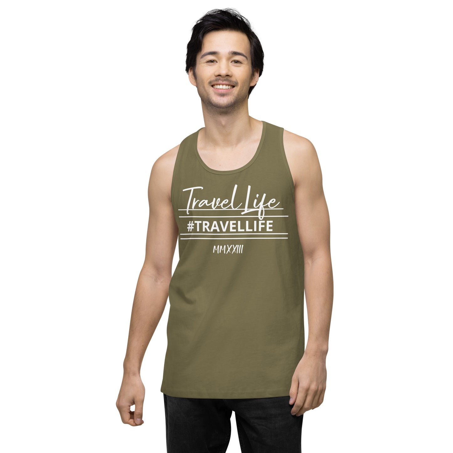 #Travellife Signature Roman 2023 Men’s Premium Tank Top White Text