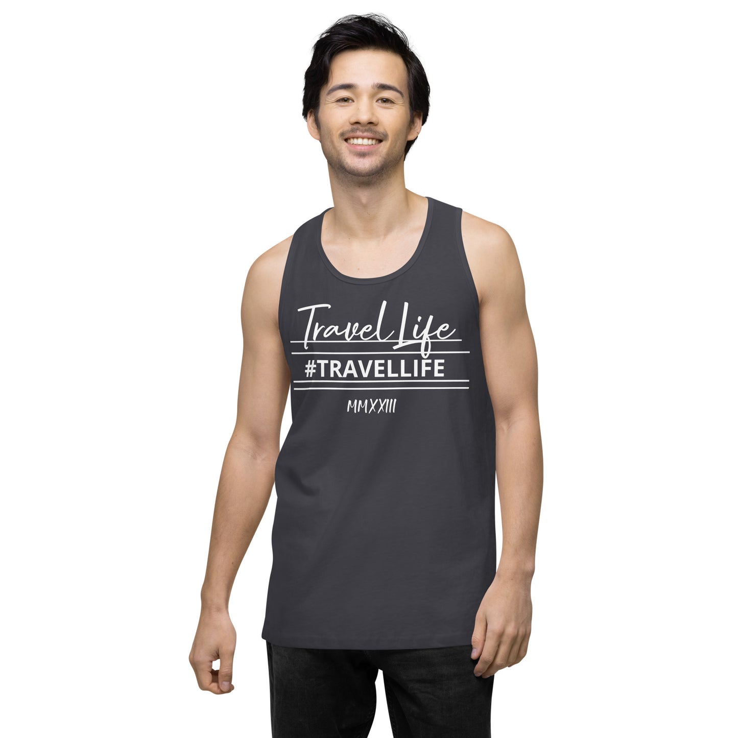 #Travellife Signature Roman 2023 Men’s Premium Tank Top White Text