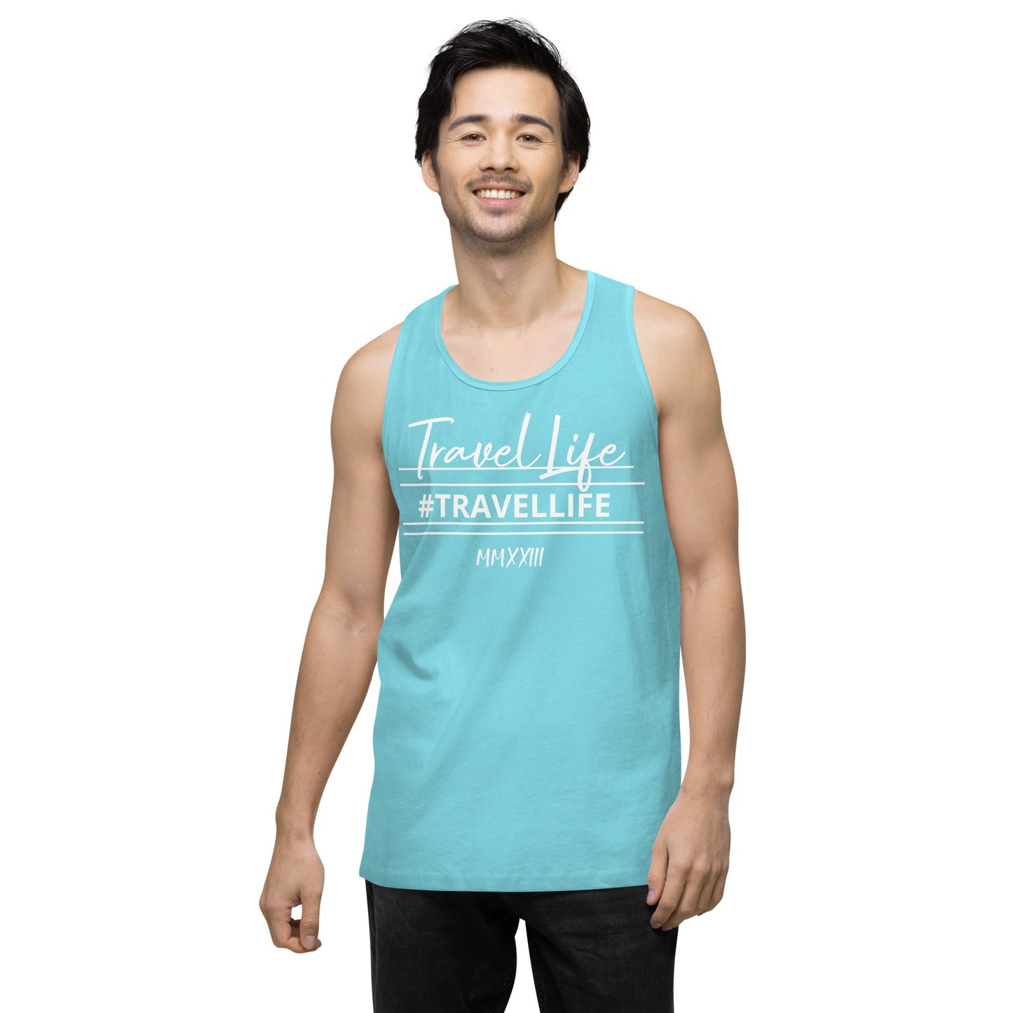 #Travellife Signature Roman 2023 Men’s Premium Tank Top White Text