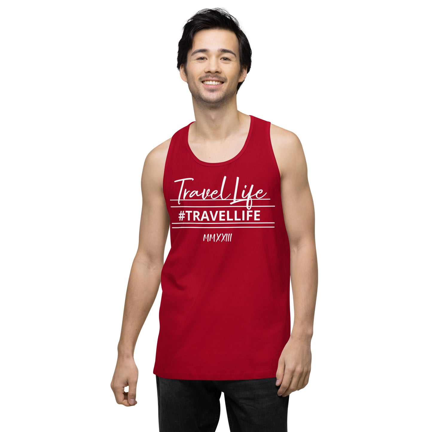 #Travellife Signature Roman 2023 Men’s Premium Tank Top White Text