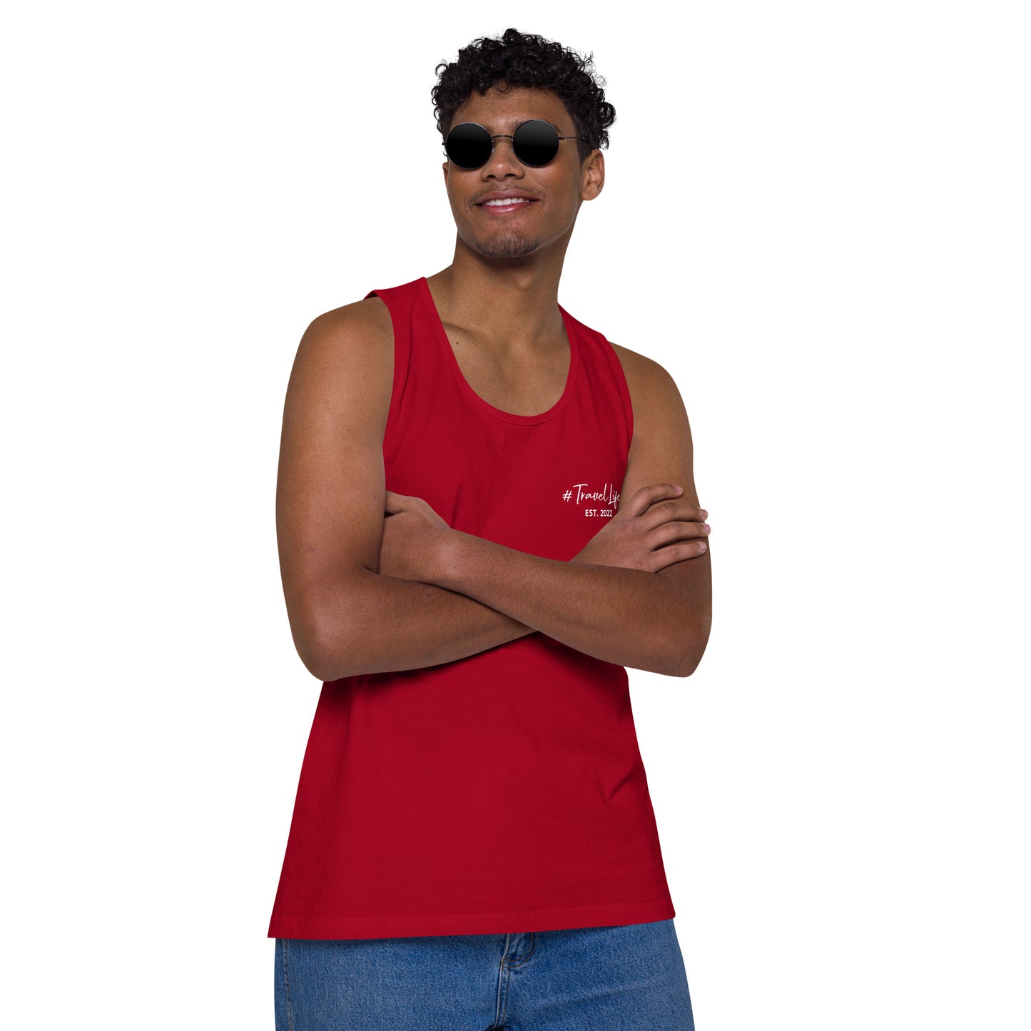 #Travellife Signature Est. 2022 Men’s Premium Tank Top White Text