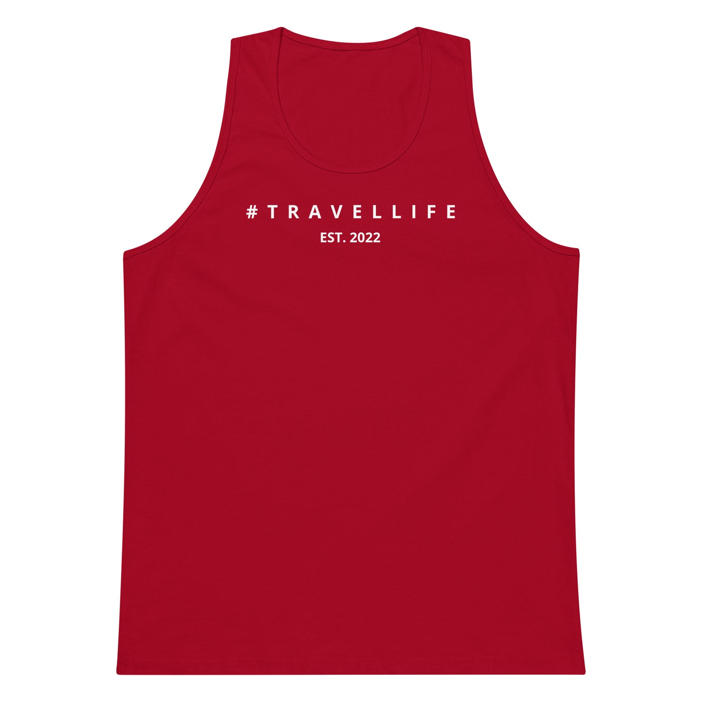 #Travellife Est. 2022 Men’s Premium Tank Top White Text