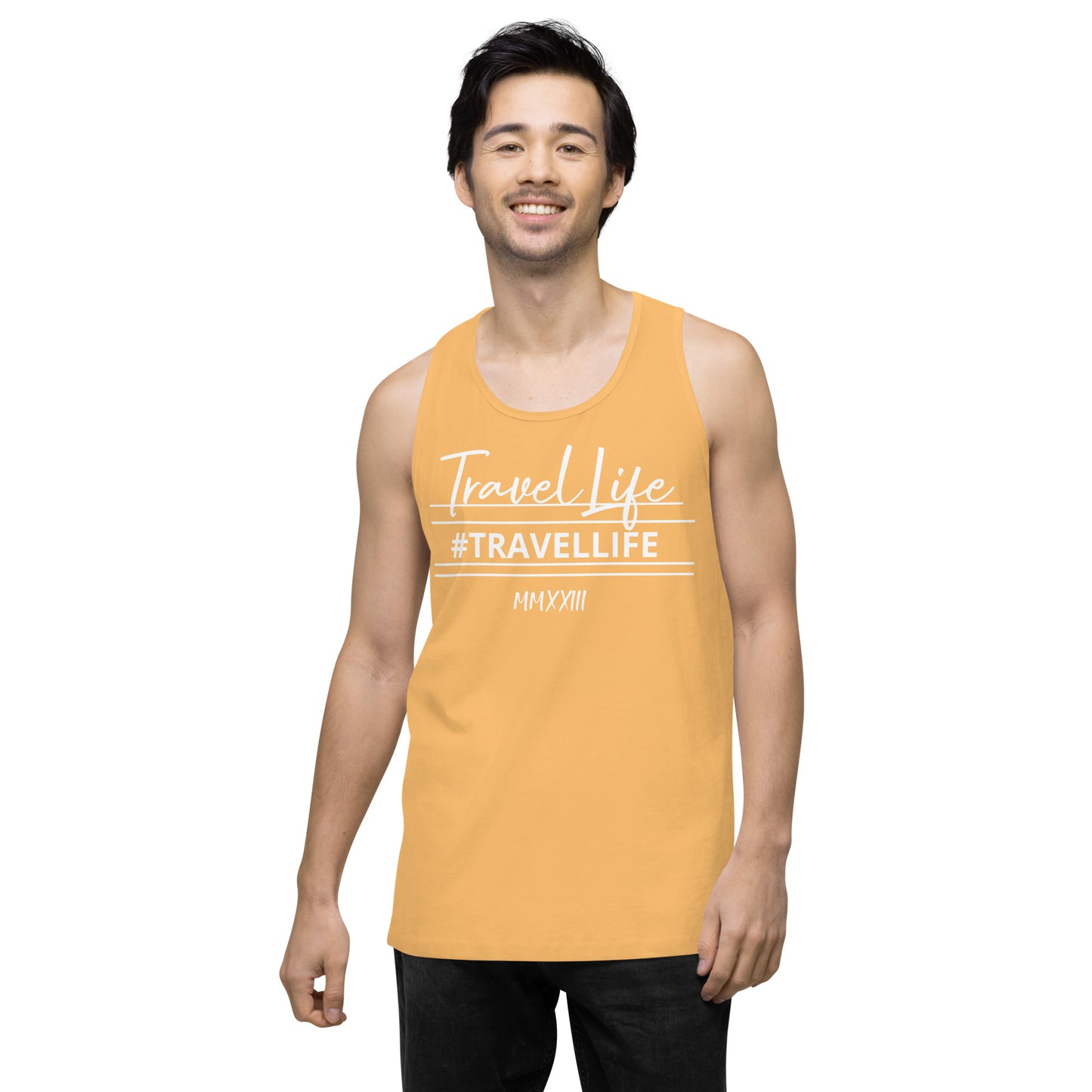 #Travellife Signature Roman 2023 Men’s Premium Tank Top White Text