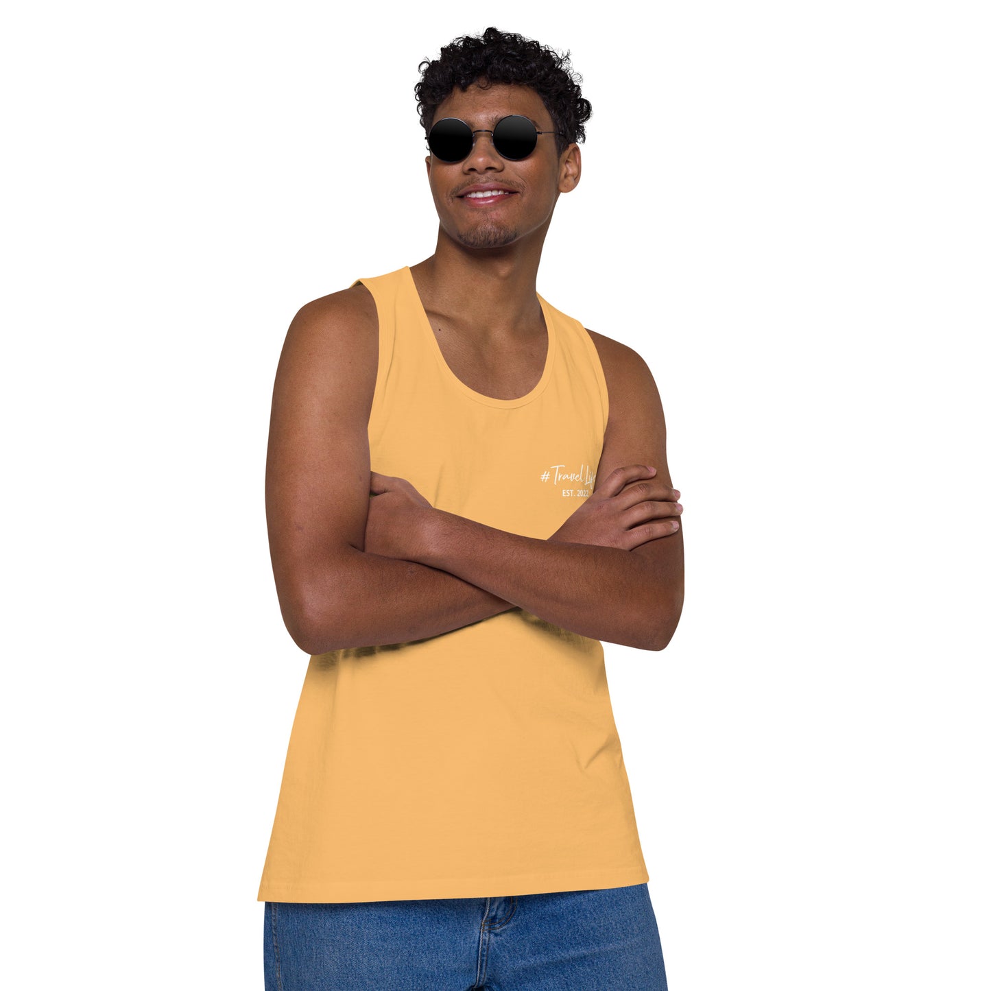#Travellife Signature Est. 2022 Men’s Premium Tank Top White Text