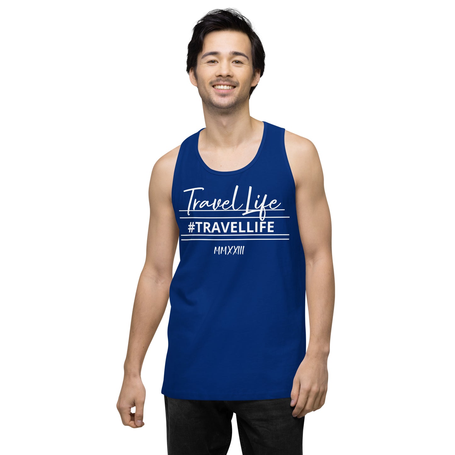 #Travellife Signature Roman 2023 Men’s Premium Tank Top White Text