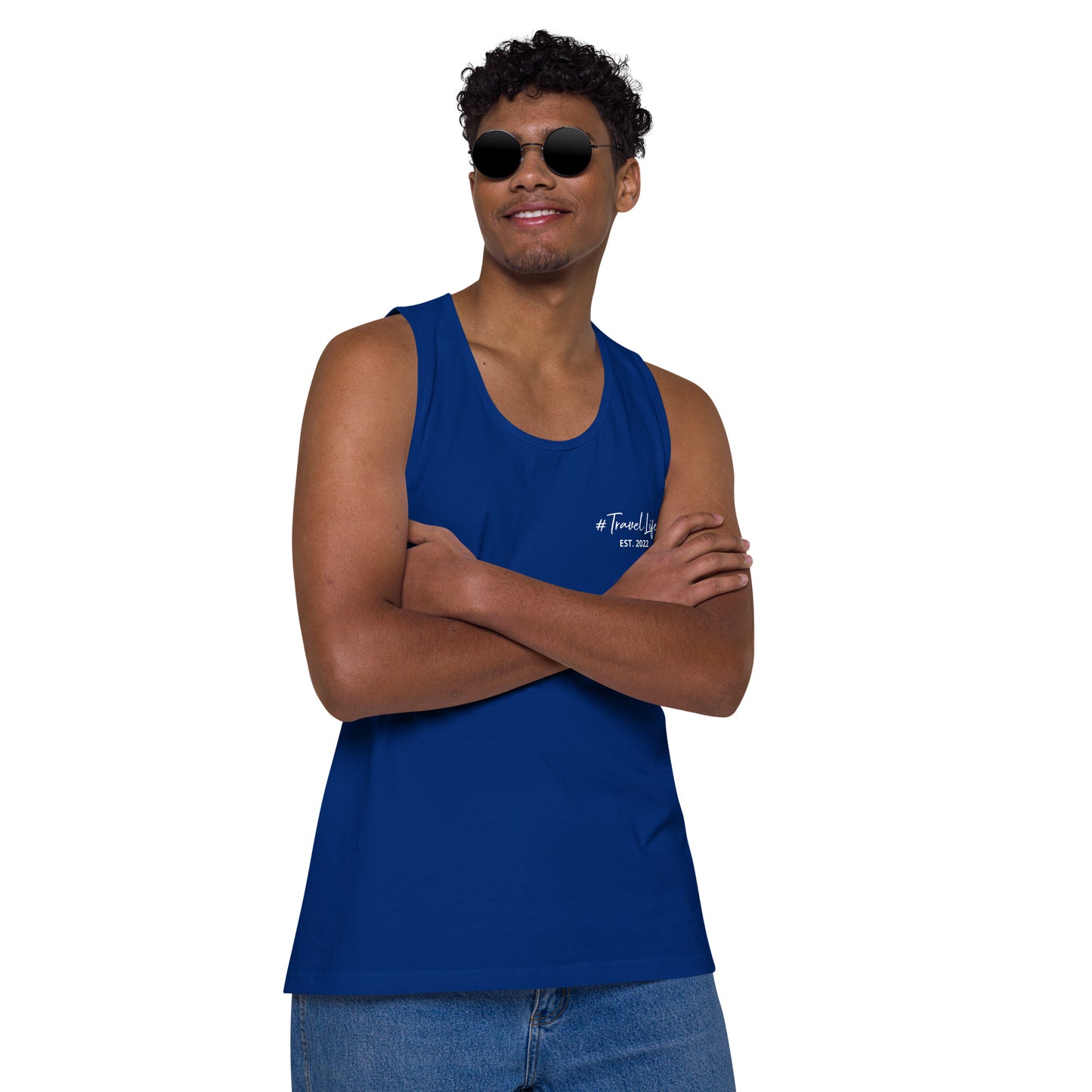 #Travellife Signature Est. 2022 Men’s Premium Tank Top White Text