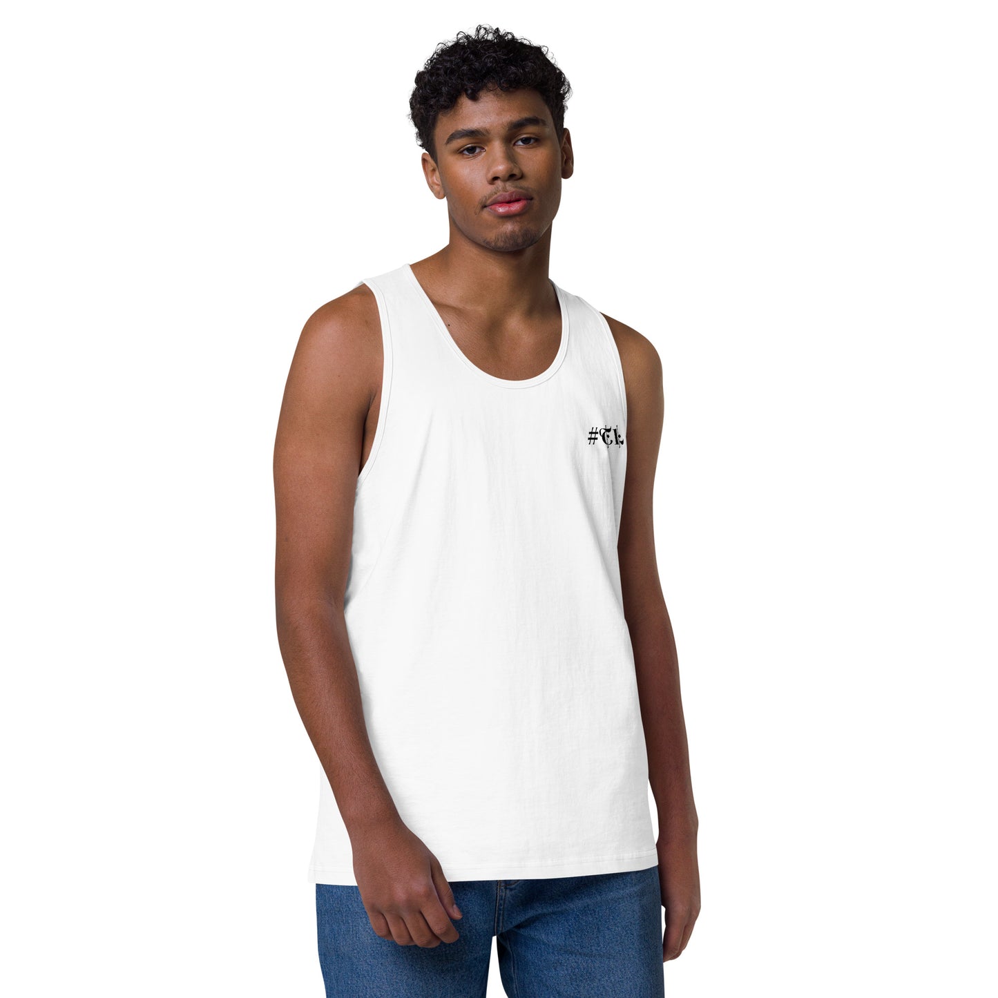 Men’s White Premium Tank Top Black #TL Logo