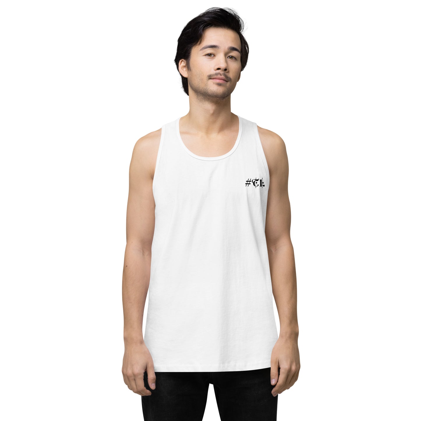 Men’s White Premium Tank Top Black #TL Logo