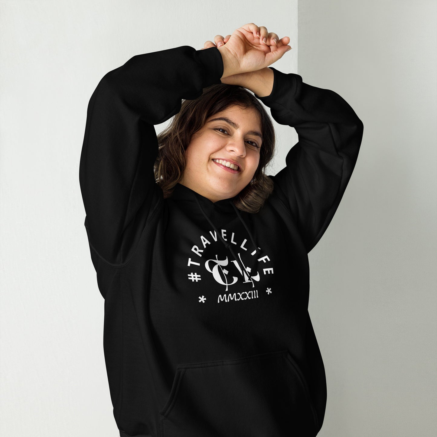 #Travellife Arc TL Roman Numeral 2023 White Centered Text Unisex Hoodie