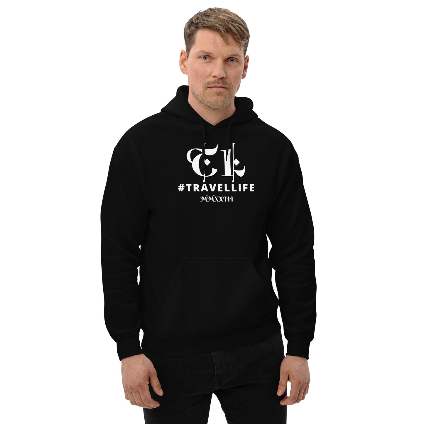 #Travellife TL Roman Numeral 2023 White Centered Text Unisex Hoodie
