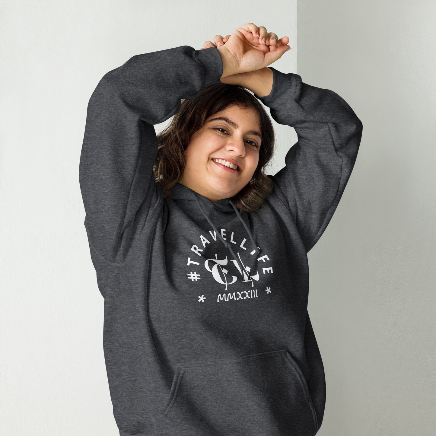 #Travellife Arc TL Roman Numeral 2023 White Centered Text Unisex Hoodie