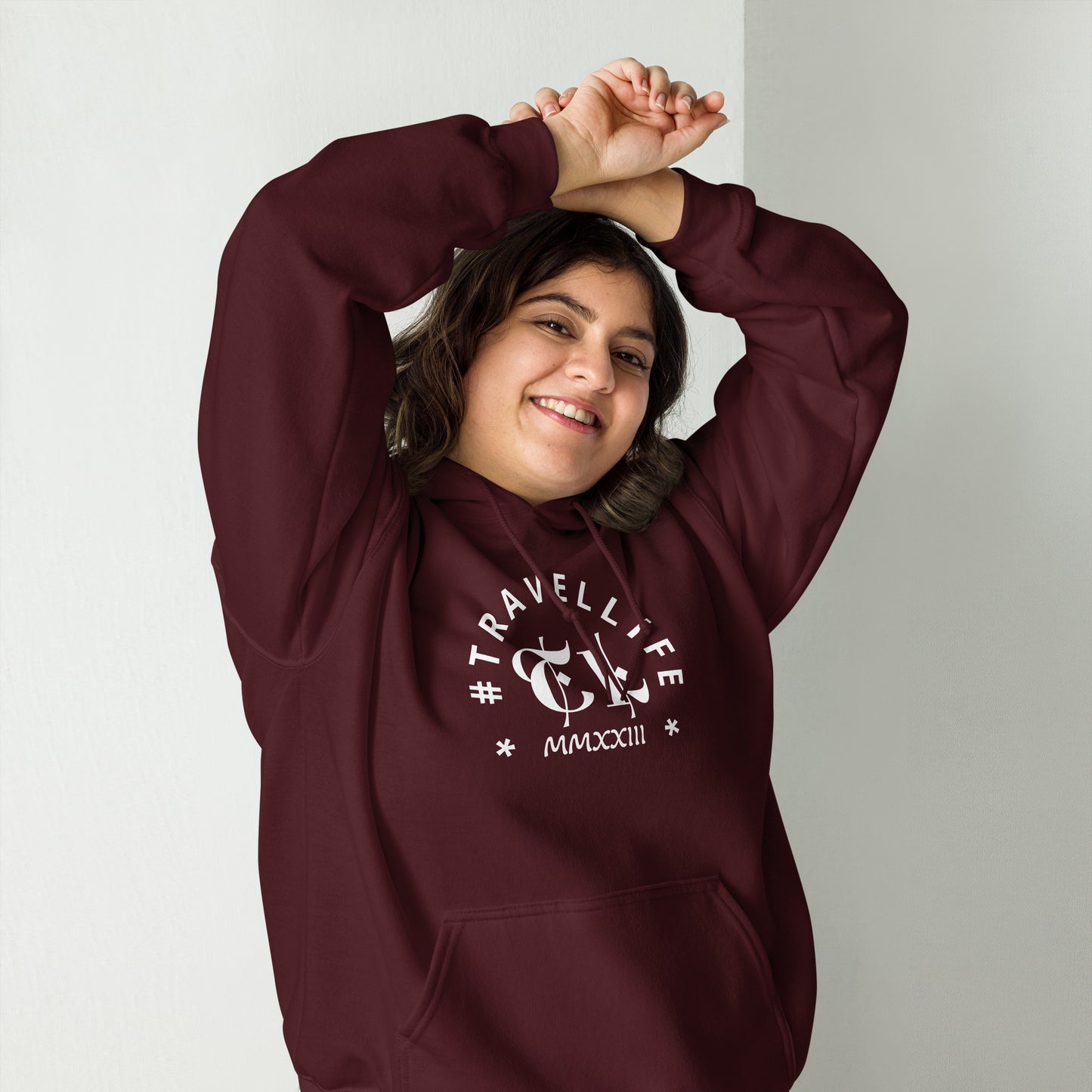 #Travellife Arc TL Roman Numeral 2023 White Centered Text Unisex Hoodie