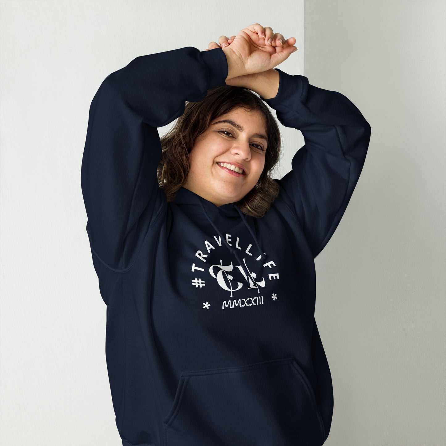 #Travellife Arc TL Roman Numeral 2023 White Centered Text Unisex Hoodie