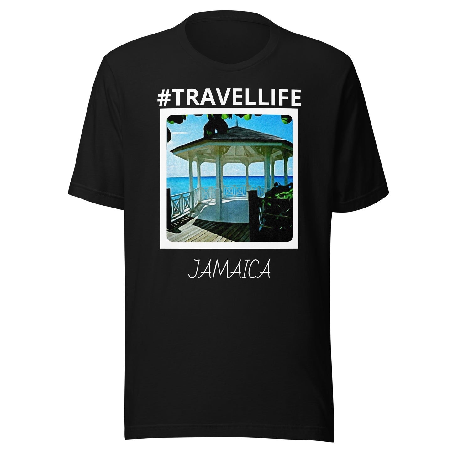 #Travellife Jamaica Beach Gazebo Unisex t-shirt white text