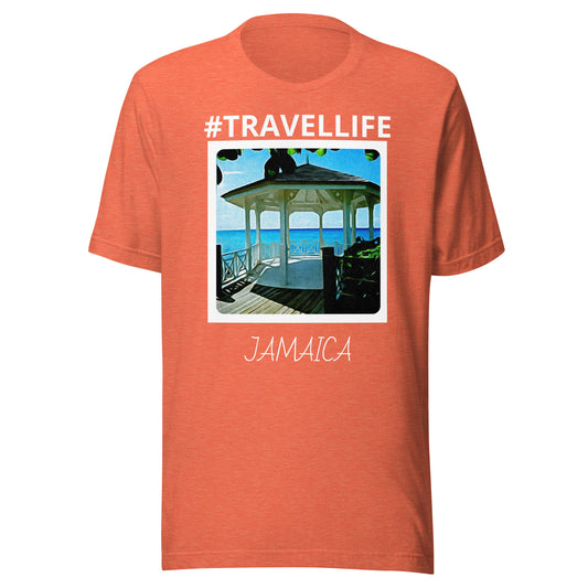 #Travellife Jamaica Beach Gazebo Unisex t-shirt white text