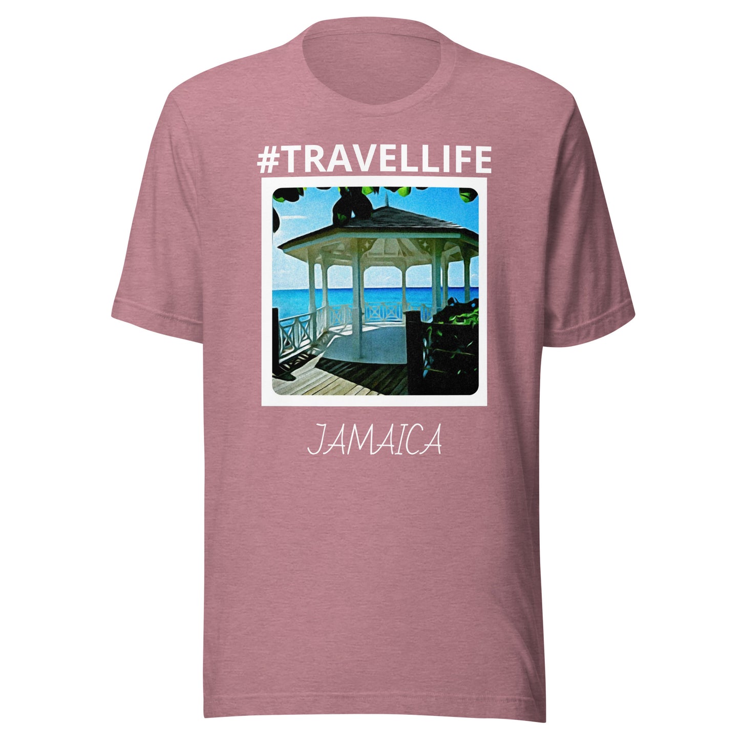 #Travellife Jamaica Beach Gazebo Unisex t-shirt white text