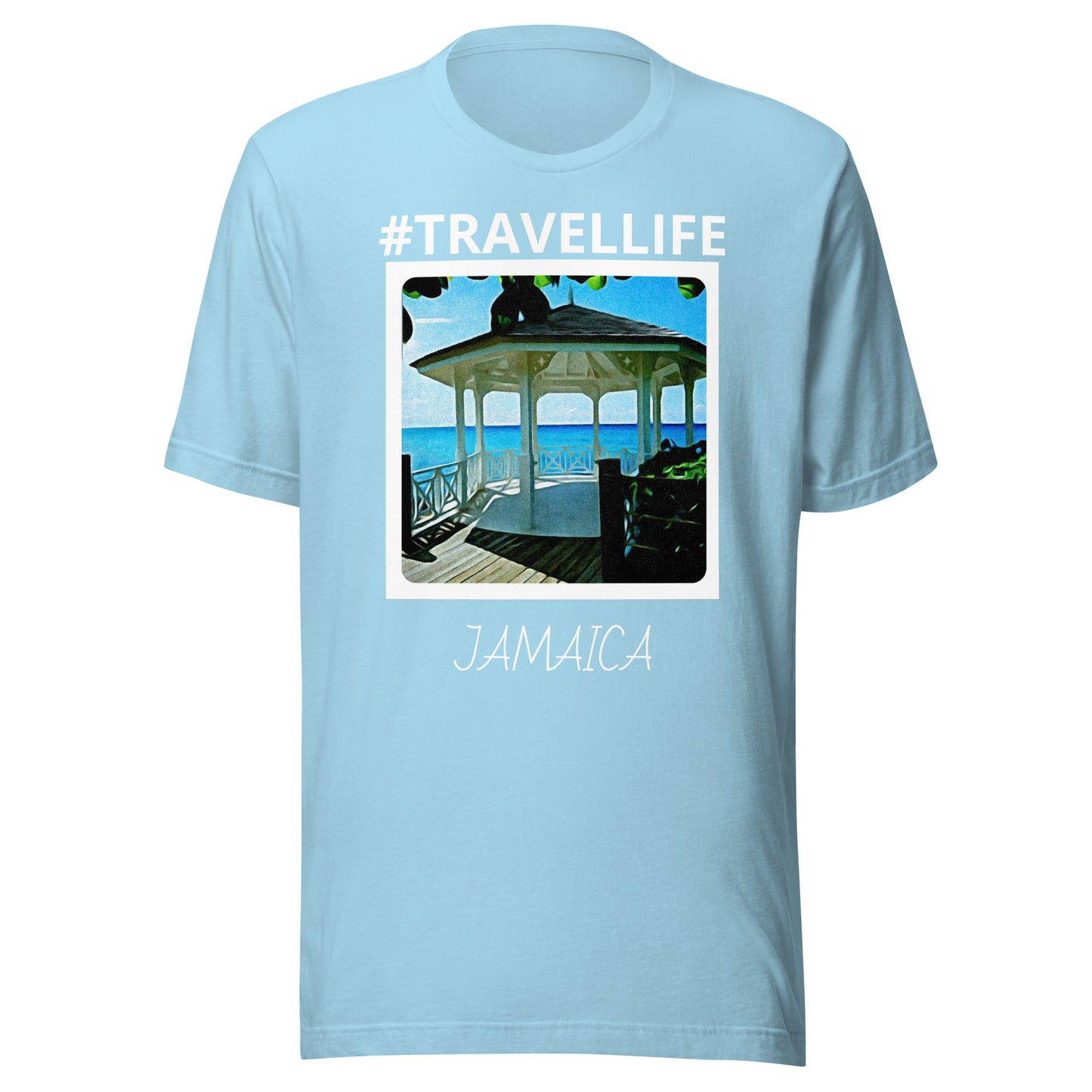 #Travellife Jamaica Beach Gazebo Unisex t-shirt white text